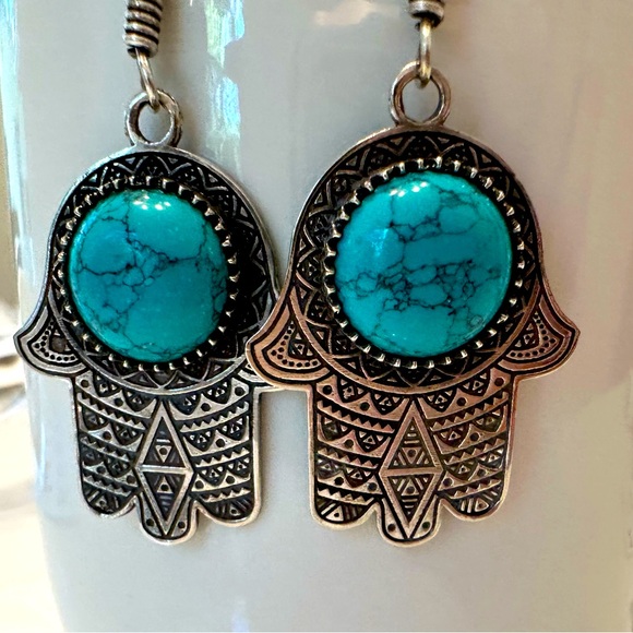 Beautiful front and back! Moroccan Turquoise and Silver Plate Earrings! - Picture 1 of 8